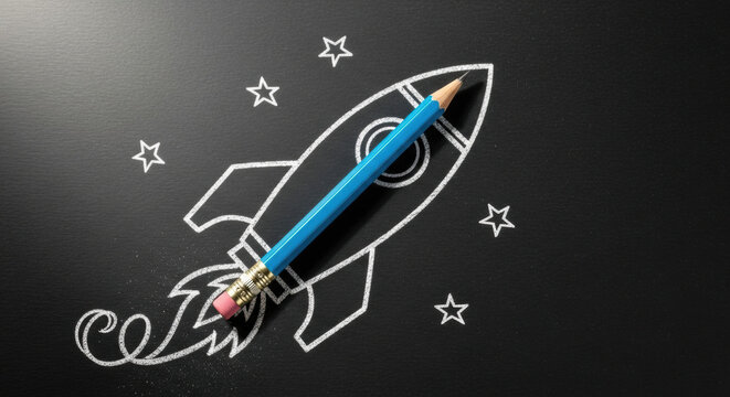 Rocket pencil creativity imagination education blackboard drawing stars launch innovation. blue pencil placed chalk rocket drawing blackboard symbolizing creative ideas and educational inspiration