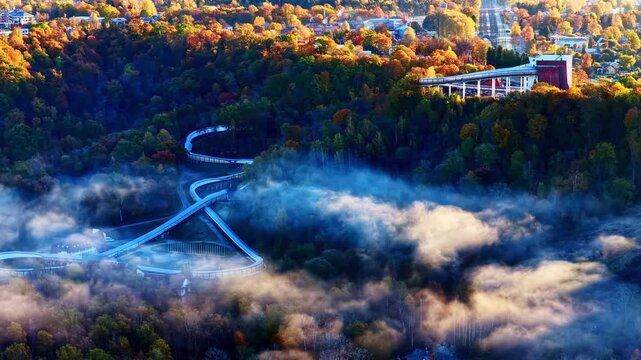 Sigulda bobsleigh, luge and skeleton track covered by fog at sunrise. Aerial
