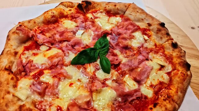 A delicious ham and cheese pizza is finished with a few basil leaves in the middle.