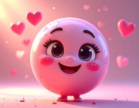 A sweet pink sphere with big eyes, rosy cheeks, and a happy smile, surrounded by floating heart shapes