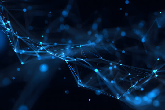 Abstract Network of Connected Blue Nodes and Lines on a Dark Background Generating a Futuristic and Technological Impression