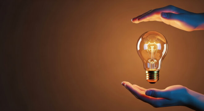 Light bulb hand idea innovation creativity glowing energy inspiration concept protection symbolizing bright thinking and imaginative solutions with warm hopeful atmosphere
