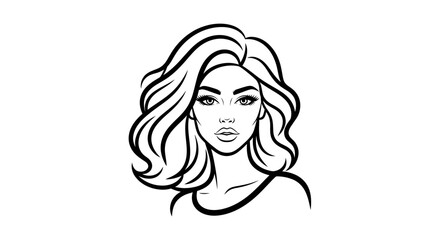 Black and white line art illustration of a beautiful woman with wavy hair and full lips.