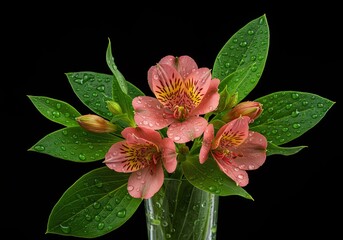 A vibrant floral arrangement glistening with fresh water drops, showcasing delicate blossoms and green foliage in natural light. Refreshing beauty ,still life ,joy ,vase