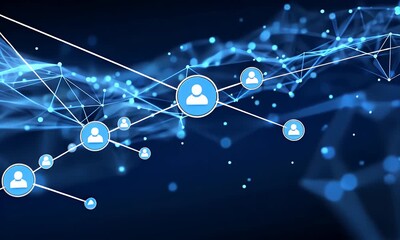Digital network connecting abstract nodes and lines with a central user profile icon symbolizing identity and data integration in a dark blue futuristic environment - Powered by Adobe
