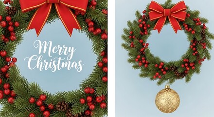 Traditional christmas wreath with red bow, berries, and pinecones