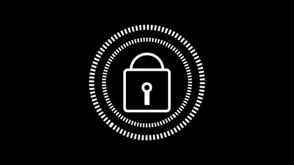 Animation White Padlock Icon within Circular Futuristic Graphic Element on Black Background unlock security. HUD highlights white padlock icon with sleek unlocking effects and modern style. - Powered by Adobe