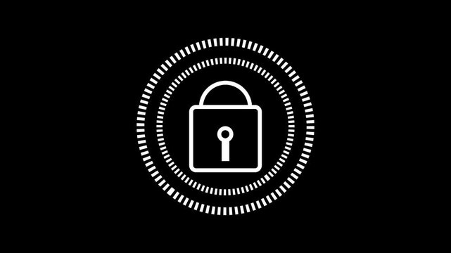 Animation White Padlock Icon within Circular Futuristic Graphic Element on Black Background unlock security. HUD highlights white padlock icon with sleek unlocking effects and modern style. - Powered by Adobe