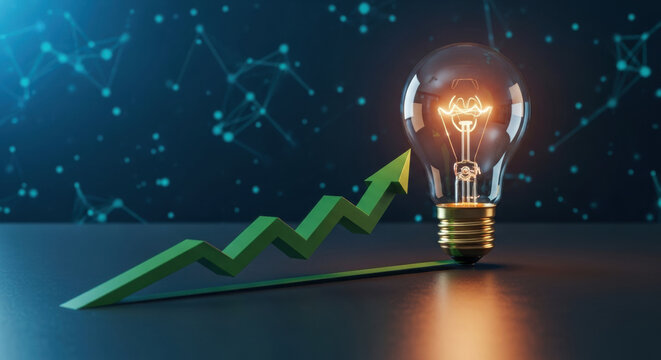 Green arrow light bulb glowing filament upward trend innovation growth technology progress futuristic success. image conveys sense of optimism and creative achievement