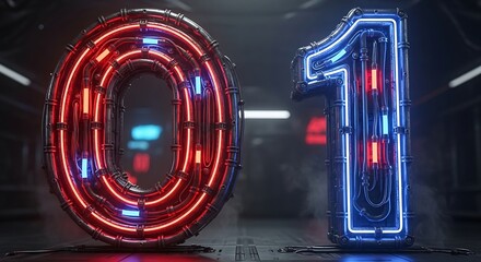 Binary code numbers zero and one, futuristic neon light technology.