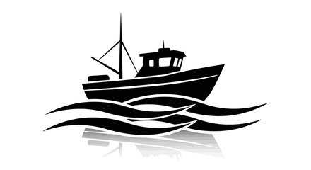 A black silhouette of a fishing boat sailing on stylized waves.