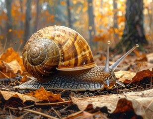 A snail crawls over autumn leaves, its shell gleaming in the sunlight with glistening antennae visible
