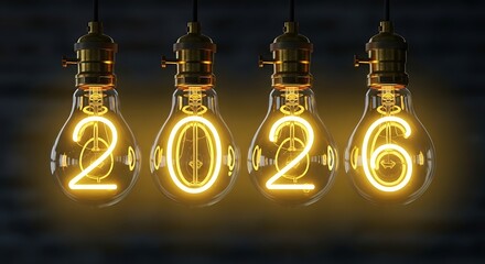 Illuminated 2026: creative light bulbs symbolizing new year.