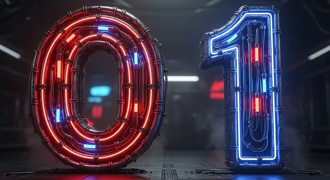 Binary code numbers zero and one, futuristic neon light technology.