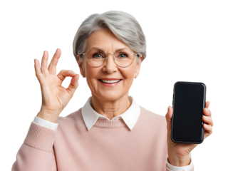 Senior Woman Shows Cellphone Screen Happy Mature Lady Holding Smartphone