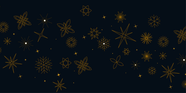 Minimal Golden seamless snowflakes blue background. Winter Season Design Element for Festive Holiday Greeting, Seasonal Promotions, Or Elegant Winter Themed Decorations. Vector illustration.	