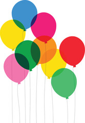 A vibrant cluster of colorful, overlapping, translucent balloons on strings against a plain white background.