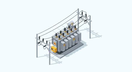 Isometric illustration of a power transformer station with electrical equipment and power lines.