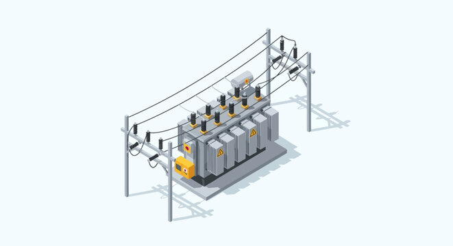 Isometric illustration of a power transformer station with electrical equipment and power lines.