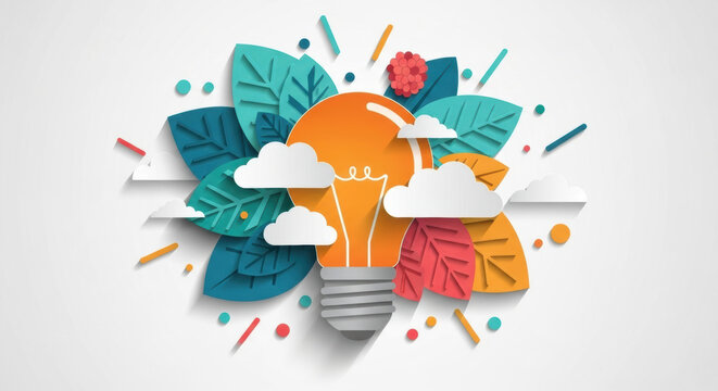 Creative light bulb with colorful leaves, clouds, and abstract shapes symbolizes innovation, eco friendly ideas, and inspiration in modern, vibrant, and artistic style