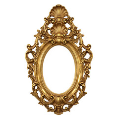 Closeup of an ornate gold oval picture frame, featuring a vintage and luxurious design with a seashell detail and intricate carvings