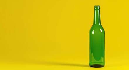 A vibrant green glass bottle stands prominently against a bright, cheerful yellow background, creating a bold, clean contrast. Simple, striking design ,advertising ,striking ,contrast