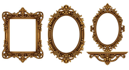 Collection of three ornate golden picture frames with intricate details, , perfect for adding a touch of vintage elegance to your designs