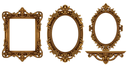 Collection of three ornate golden picture frames with intricate details, , perfect for adding a touch of vintage elegance to your designs