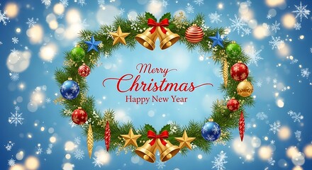 Festive christmas wreath with text, snow, and bokeh background