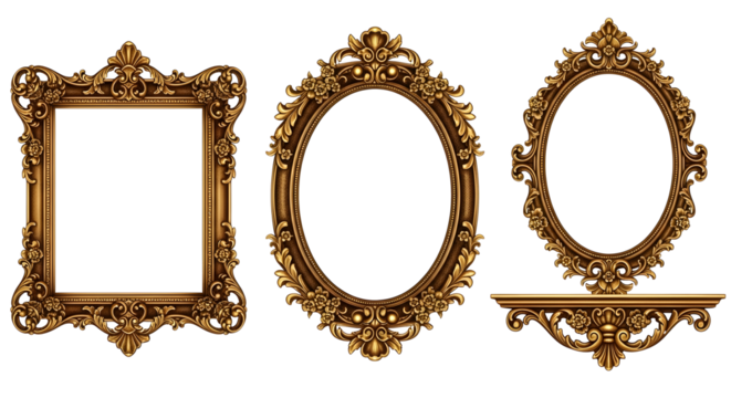 Collection of three ornate golden picture frames with intricate details, , perfect for adding a touch of vintage elegance to your designs - Powered by Adobe