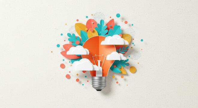 Creative light bulb illustration with paper cut style featuring clouds leaves and abstract shapes symbolizing innovation imagination and inspiration in colorful modern design