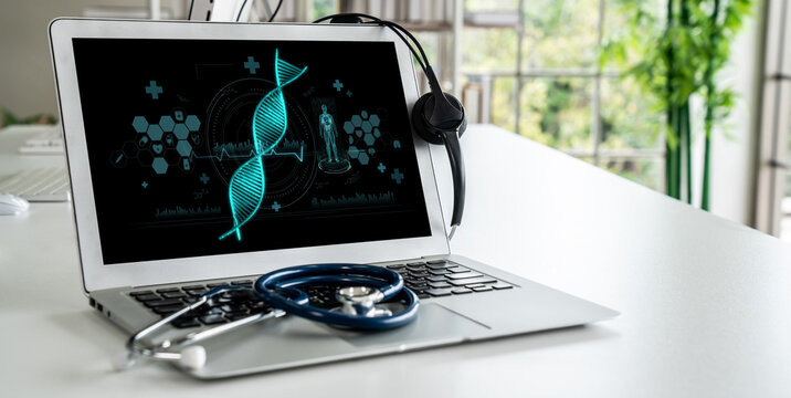 Medical science technology and futuristic healthcare virtual computer software analyze human health and diagnose disease for doctor data and medical research. brisk