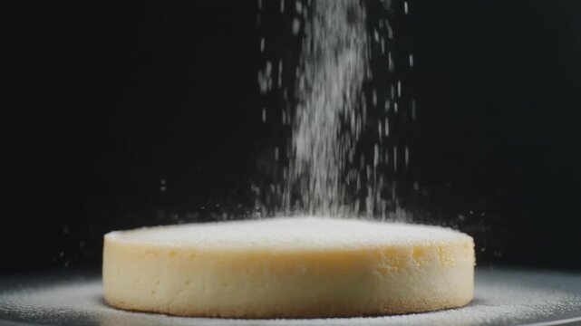A round cake base is being dusted with powdered sugar against a dark background.