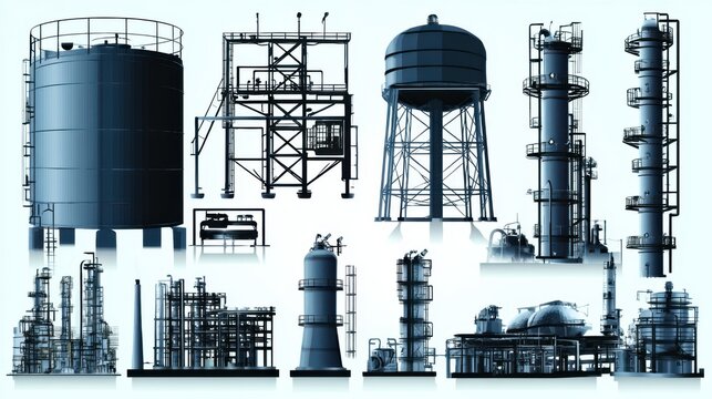 Industrial equipment overview manufacturing facility graphics digital design aerial perspective production efficiency