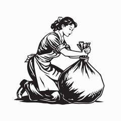 Female Housekeeper Carrying Large Trash Bag Vector Illustration