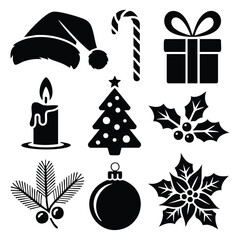 Christmas Icon Set, Black and White Christmas Silhouettes, Holiday Vector Icons, Classic Christmas Symbols, vector, illustration.