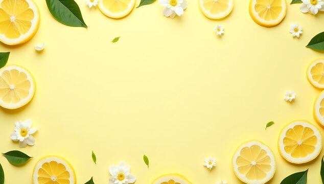 A bright background featuring sliced lemons, green leaves, and white blossoms arranged in a modern flat-lay pattern over a soft yellow surface, radiating freshness and summer vibes.