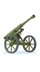 Fototapeta premium A green cartoon cannon on wheels, facing right, against a white background with a subtle blue shadow