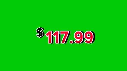 Animation red $117.99 dollars price tag motion graphics with smoke effects on green screen background. Perfect for ads, e-commerce, retail, discounts, and promo videos business concept video element