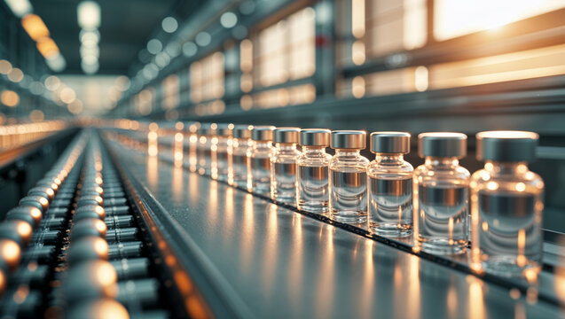 Vaccine vials on a production line, illustrating pharmaceutical manufacturing - Powered by Adobe