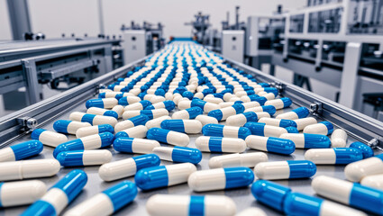 Fototapeta premium Pharmaceutical production line with blue and white capsules in a factory setting