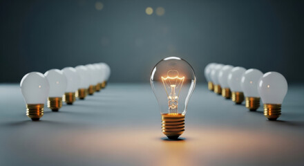 Light bulb innovation leadership creativity glowing idea electricity inspiration unique concept—A glowing light bulb stands out among unlit bulbs symbolizing innovation leadership and creative
