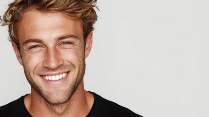 Smiling Young Man with Short Hair Against Plain Background