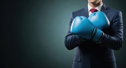 Businessman suit blue boxing glove crossed arms confident leadership determination strength professional challenge success motivation power competition resilience ambition formal male adult