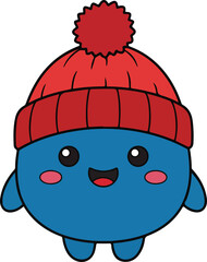Simple happy blue cartoon mascot character wearing a red knitted winter beanie hat