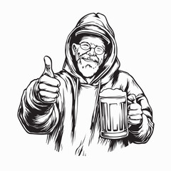 Smiling Senior Man in Hoodie and Hat Holding Beer Vector on white background