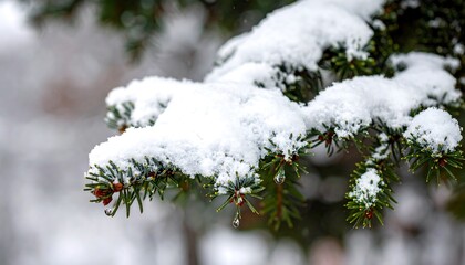 A snow-covered pine branch in soft focus, glistening with a water droplet on a winter day