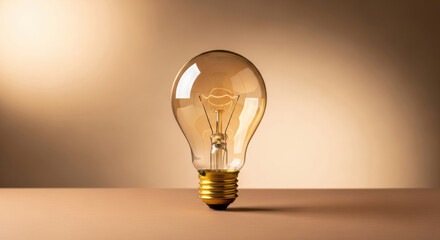 Clear glass light bulb with golden metallic base stands upright smooth brown surface, glowing softly and casting gentle shadow, symbolizing creativity, innovation, and bright ideas warm