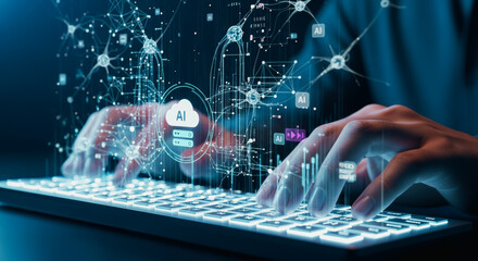 Hands rapidly navigate a backlit keyboard, as interconnected digital nodes and data streams surge to life, embodying the essence of artificial intelligence and the digital frontier.
