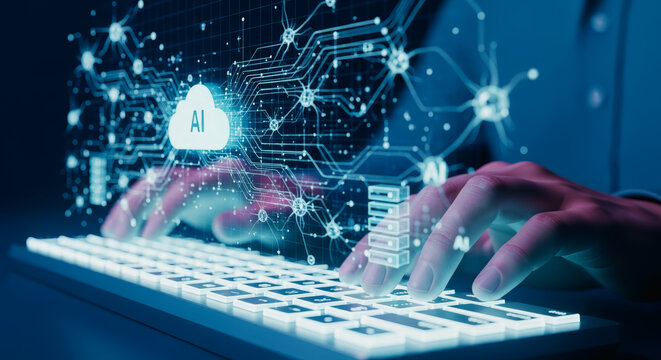 The cutting-edge technology in action, illuminated hands diligently navigate a glowing keyboard, seamlessly integrated with a vibrant, interconnected digital cloud.